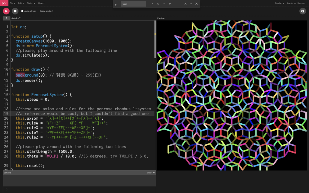 p5jsを使用し、絵を描いた参考例。画面の左側にはプログラミングのコードの英数字が並び、右側には、さまざまん色で描かれた円が無作為に重なっているように見える図形が描かれている。